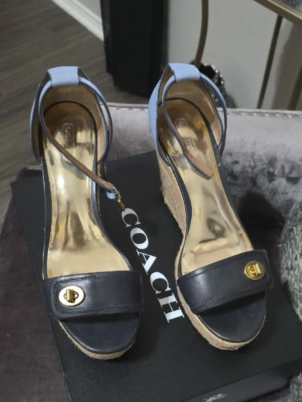 Coach Sky Blue and Navy Espadrille Wedge Sandals with Ankle Strap